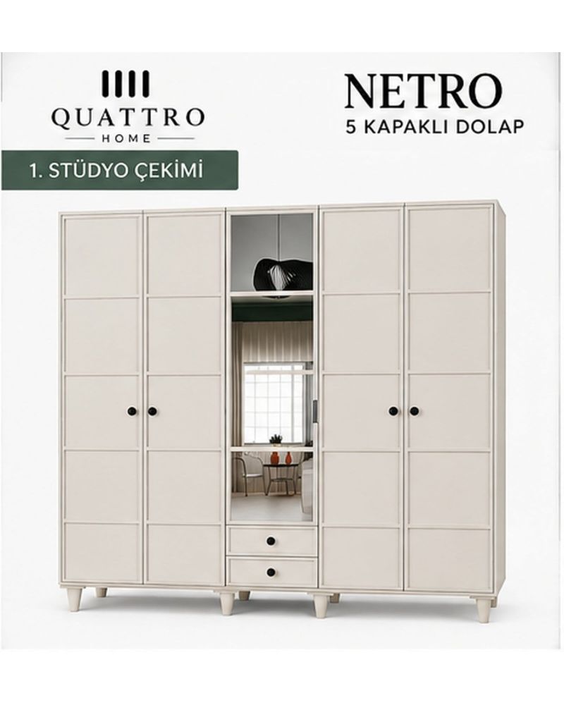 NETRO 5 KAPAKLI DOLAP -Genişlik: 200 cm Yükseklik: 208 cm Derinlik: 54 cm-%100 MDF