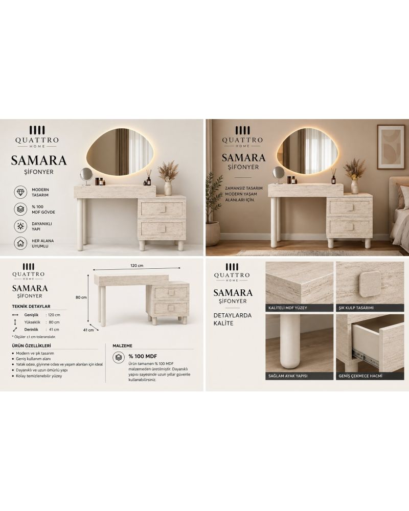 SAMARA MAKYAJ MASASI-Genişlik: 120 cm  Yükseklik: 80 cm  Derinlik: 41 cm-%100 MDF