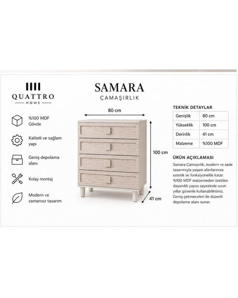 SAMARA ÇAMAŞIRLIK ŞİFONYER-Genişlik: 80 cm  Yükseklik: 100 cm  Derinlik: 41 cm-%100 MDF