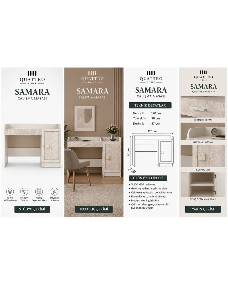 SAMARA ÇALIŞMA MASASI- %100 MDF-Genişlik: 120 cm  Yükseklik: 90 cm  Derinlik: 57 cm