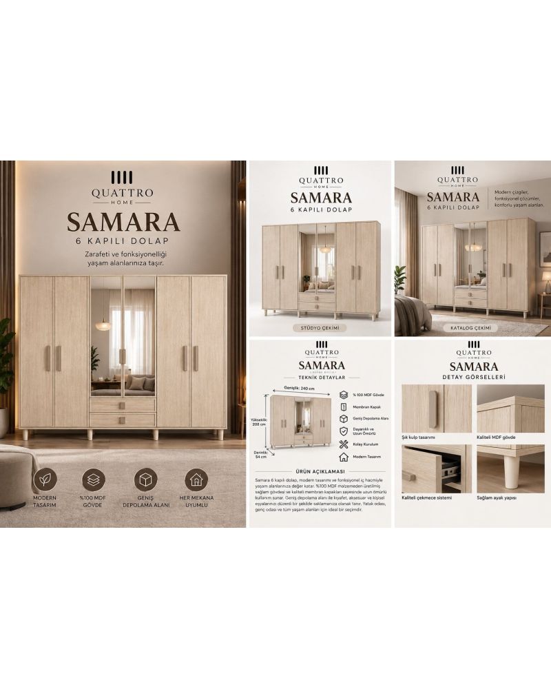 SAMARA 6 KAPAKLI DOLAP-Genişlik: 240 cm  Yükseklik: 208 cm  Derinlik: 54 cm-%100 MDF