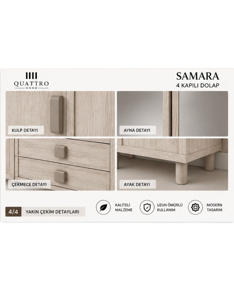 SAMARA 4 KAPAKLI DOLAP -Genişlik: 160 cm  Yükseklik: 208 cm  Derinlik: 54 cm-%100 MDF