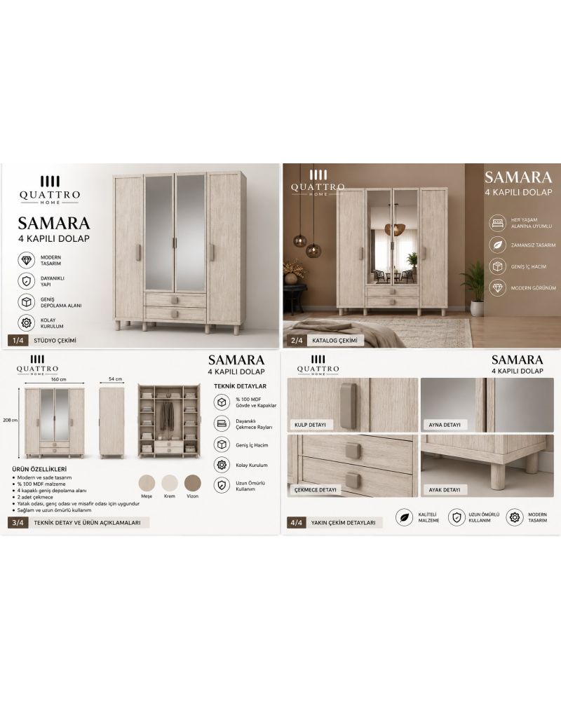 SAMARA 4 KAPAKLI DOLAP -Genişlik: 160 cm  Yükseklik: 208 cm  Derinlik: 54 cm-%100 MDF
