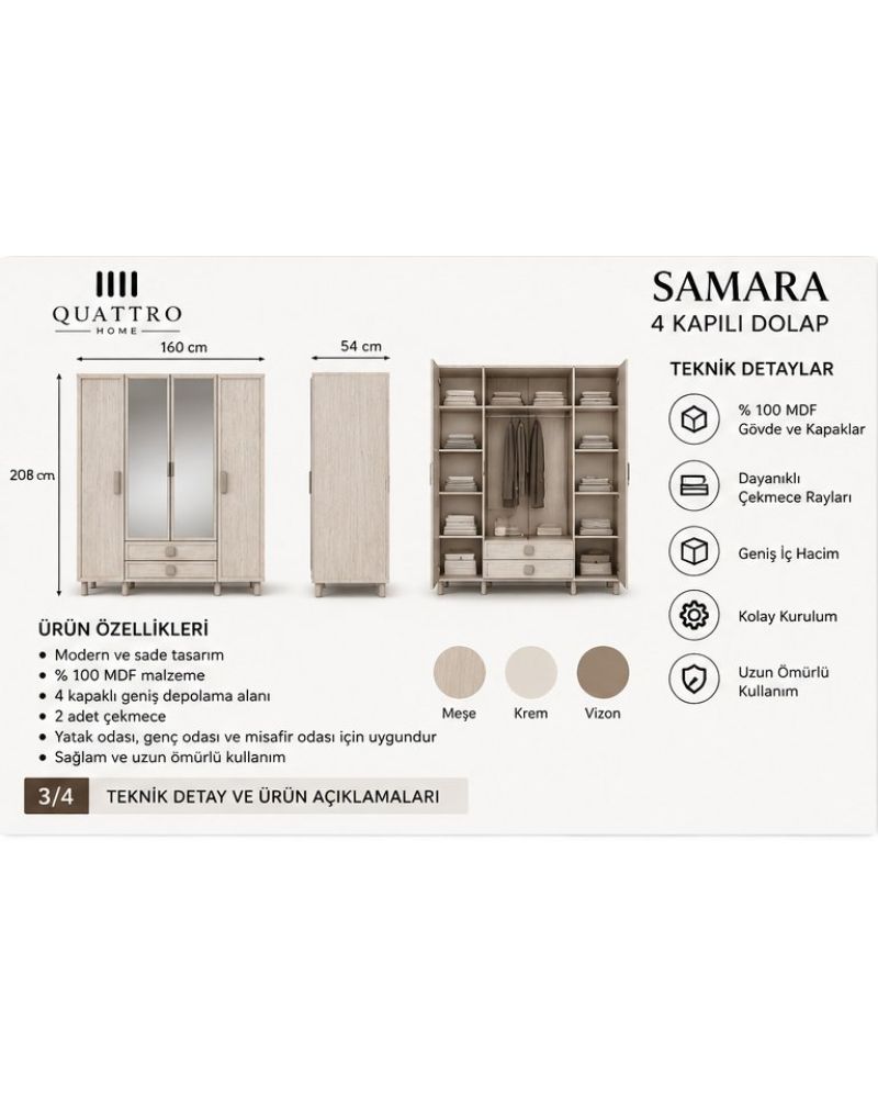SAMARA 4 KAPAKLI DOLAP -Genişlik: 160 cm  Yükseklik: 208 cm  Derinlik: 54 cm-%100 MDF