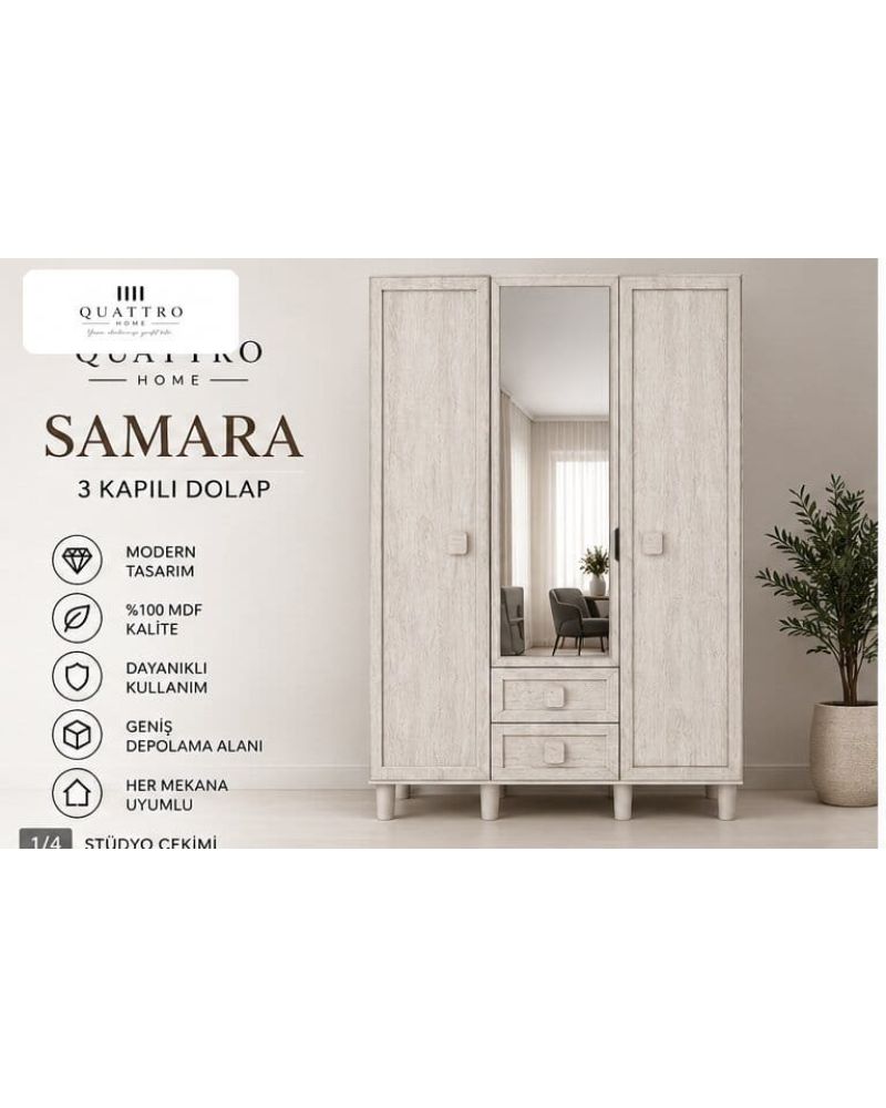 SAMARA 3 KAPAKLI DOLAP-Genişlik: 120 cm  Yükseklik: 208 cm  Derinlik: 54 cm-%100 MDF