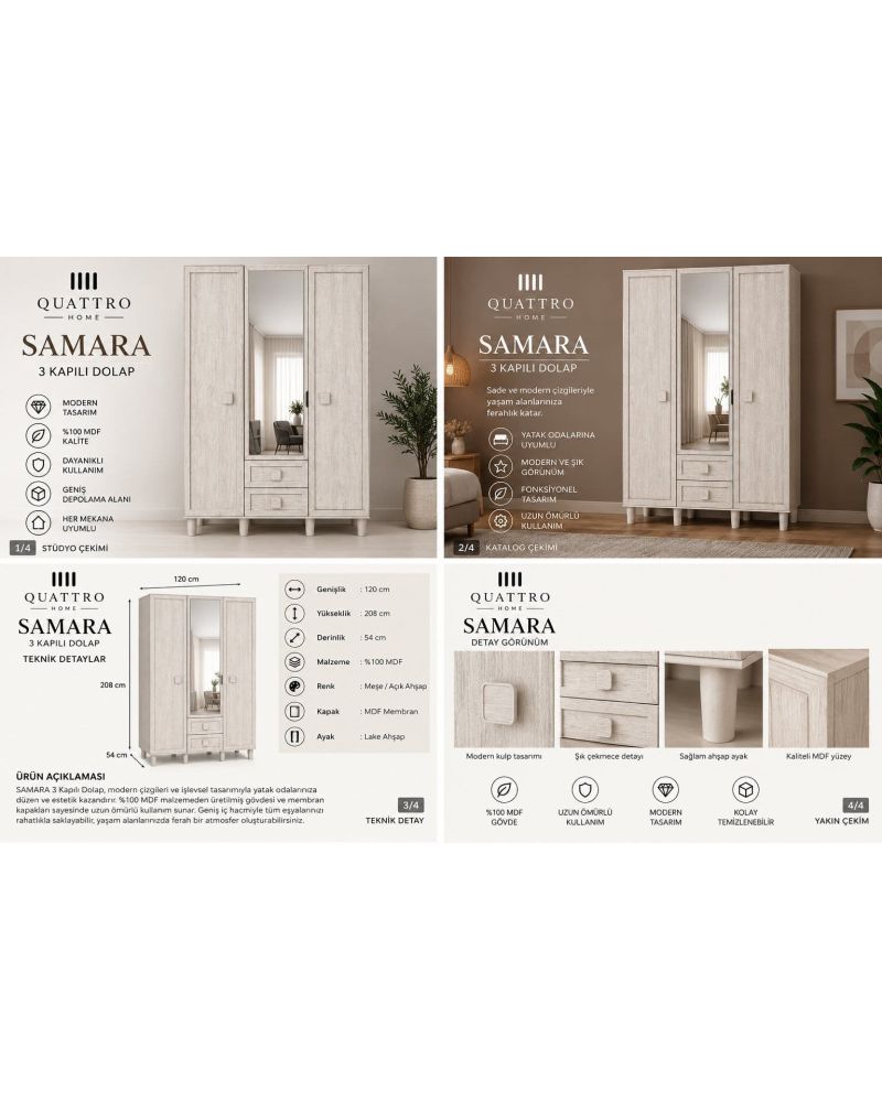 SAMARA 3 KAPAKLI DOLAP-Genişlik: 120 cm  Yükseklik: 208 cm  Derinlik: 54 cm-%100 MDF