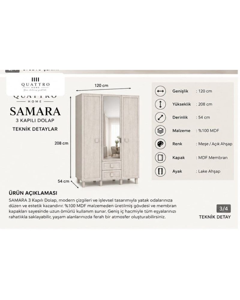 SAMARA 3 KAPAKLI DOLAP-Genişlik: 120 cm  Yükseklik: 208 cm  Derinlik: 54 cm-%100 MDF