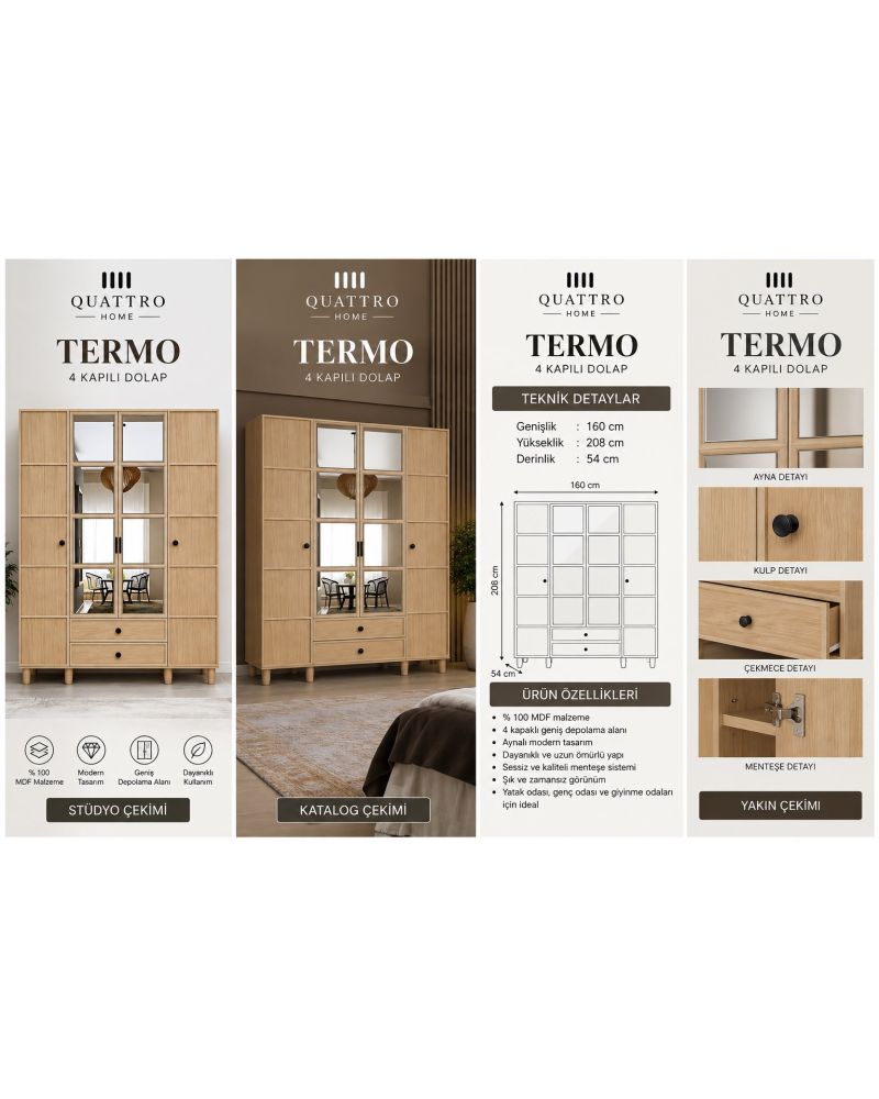 TERMO 4 KAPAKLI DOLAP-Genişlik: 160 cm  Yükseklik: 208 cm  Derinlik: 54 cm-%100 MDF