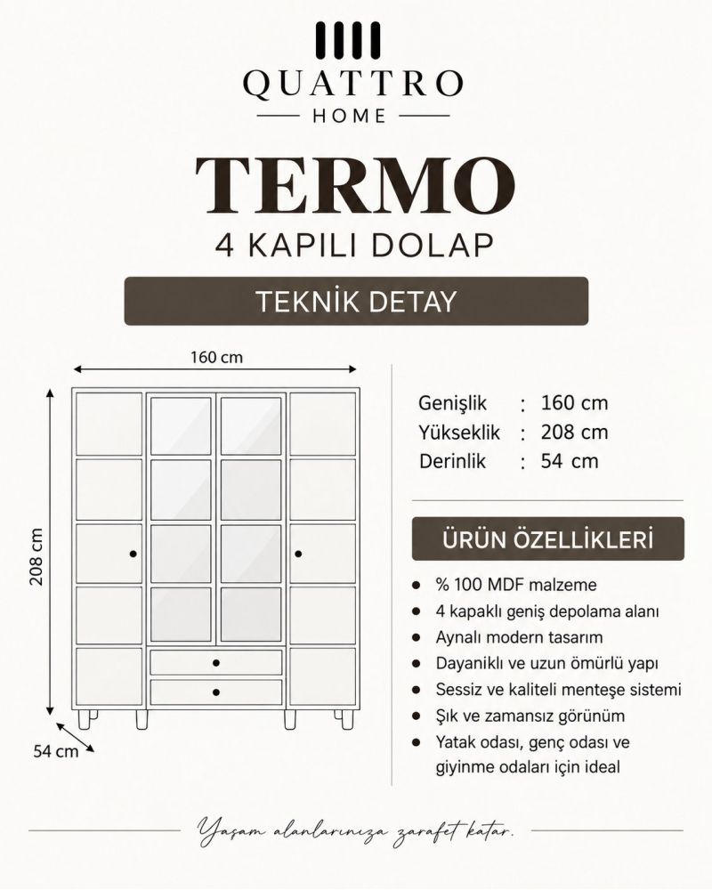 TERMO 4 KAPAKLI DOLAP-Genişlik: 160 cm  Yükseklik: 208 cm  Derinlik: 54 cm-%100 MDF