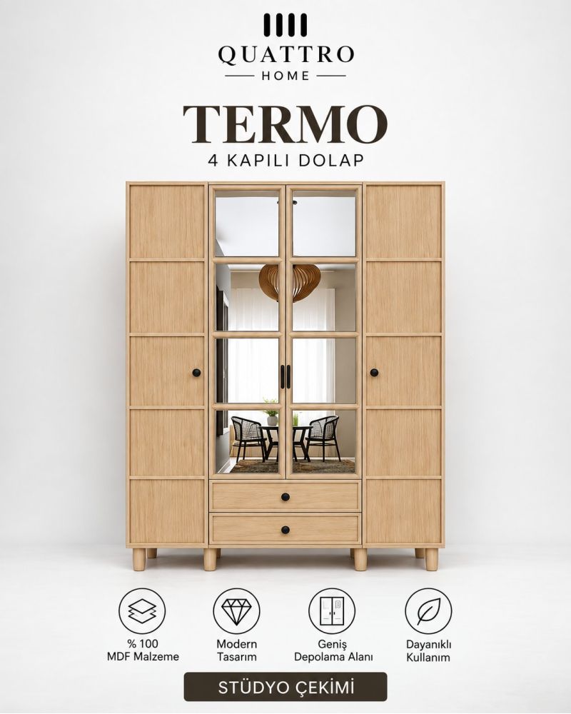 TERMO 4 KAPAKLI DOLAP-Genişlik: 160 cm  Yükseklik: 208 cm  Derinlik: 54 cm-%100 MDF