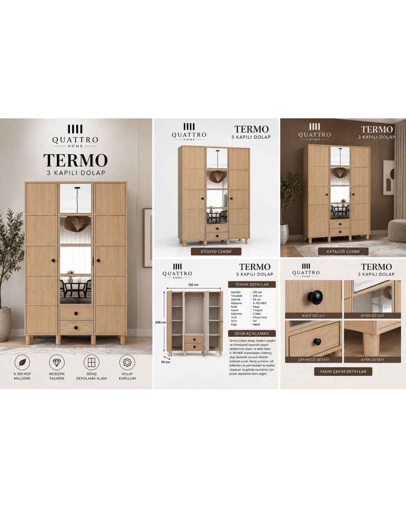 TERMO 3 KAPAKLI DOLAP -Genişlik: 120 cm  Yükseklik: 208 cm  Derinlik: 54 cm-%100 MDF