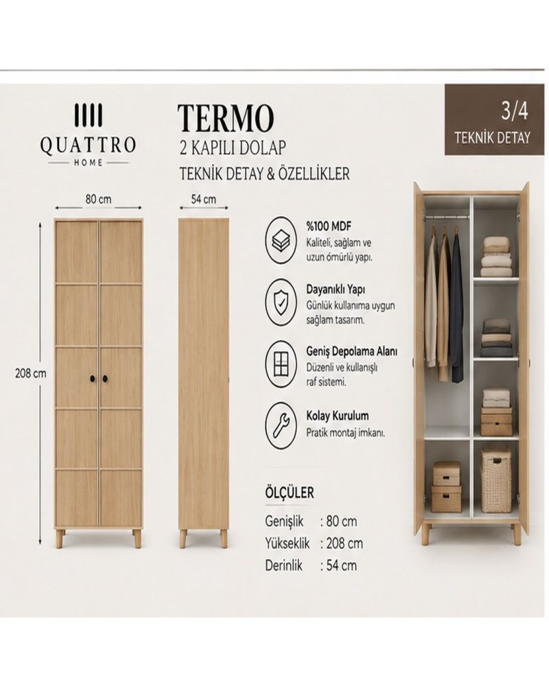 TERMO 2 KAPAKLI DOLAP-Genişlik: 80 cm  Yükseklik: 208 cm  Derinlik: 54 cm-%100 MDF