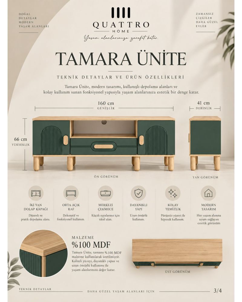 TAMARA TV ÜNİTESİ-Genişlik: 160 cm  Yükseklik: 66 cm  Derinlik: 41 cm-%100 MDF