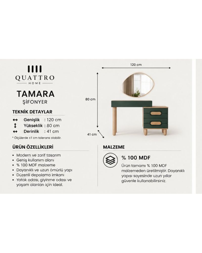 TAMARA MAKYAJ MASASI-Genişlik: 120 cm  Yükseklik: 80 cm  Derinlik: 41 cm-%100 MDF