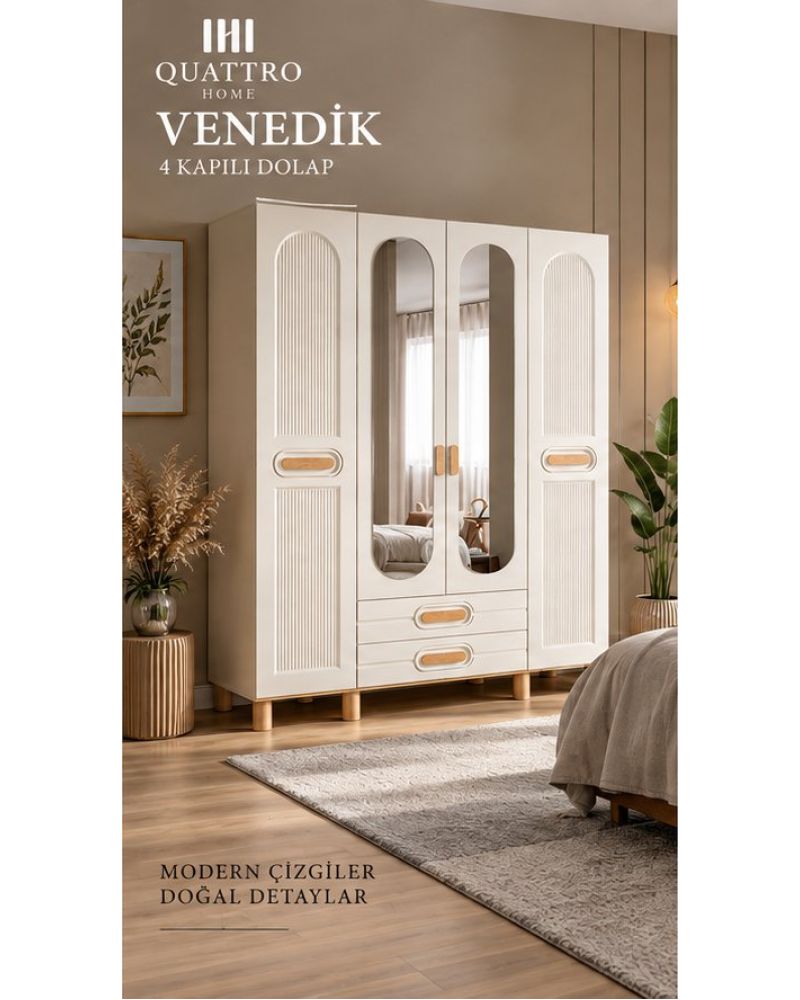 VENEDİK 4 KAPAKLI DOLAP -Genişlik: 160 cm Yükseklik: 208 cm Derinlik: 54 cm-%100 MDF