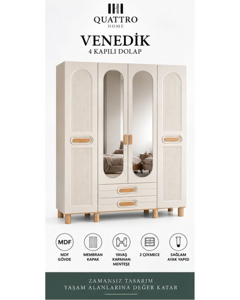 VENEDİK 4 KAPAKLI DOLAP -Genişlik: 160 cm Yükseklik: 208 cm Derinlik: 54 cm-%100 MDF