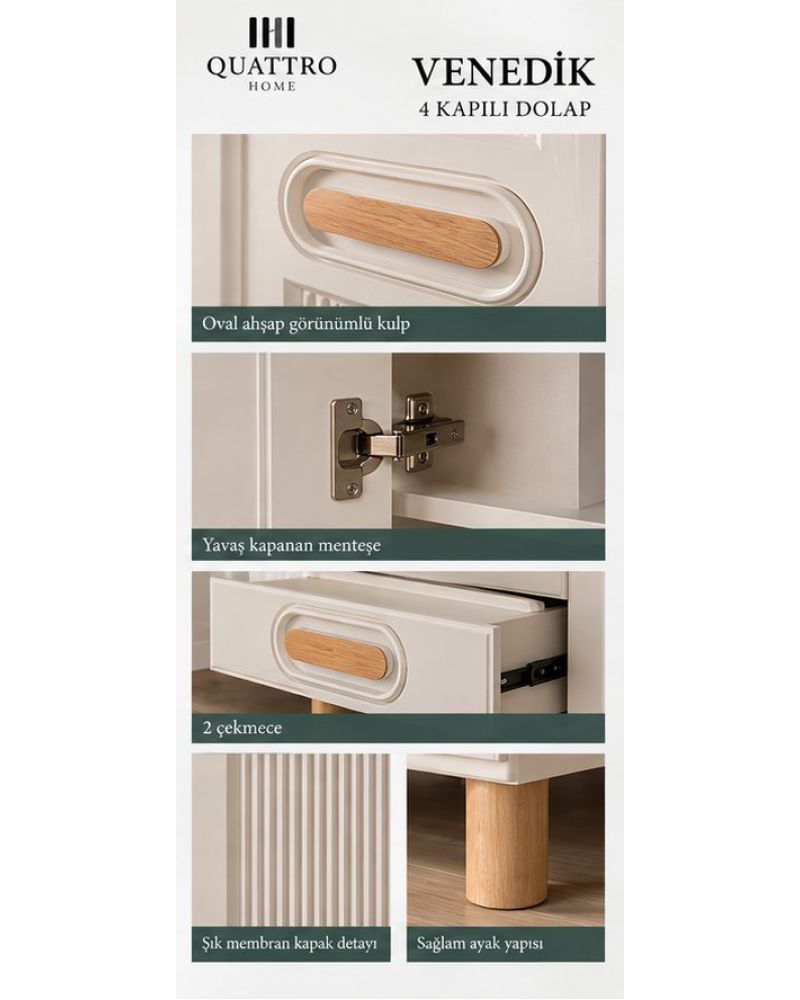 VENEDİK 4 KAPAKLI DOLAP -Genişlik: 160 cm Yükseklik: 208 cm Derinlik: 54 cm-%100 MDF