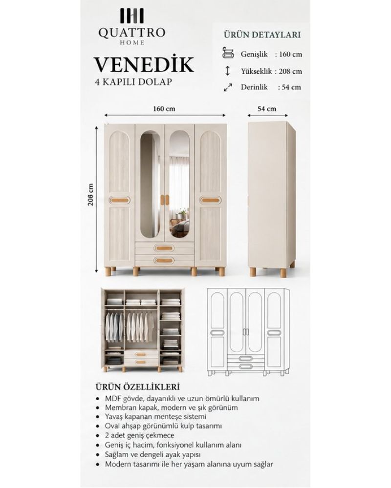 VENEDİK 4 KAPAKLI DOLAP -Genişlik: 160 cm Yükseklik: 208 cm Derinlik: 54 cm-%100 MDF