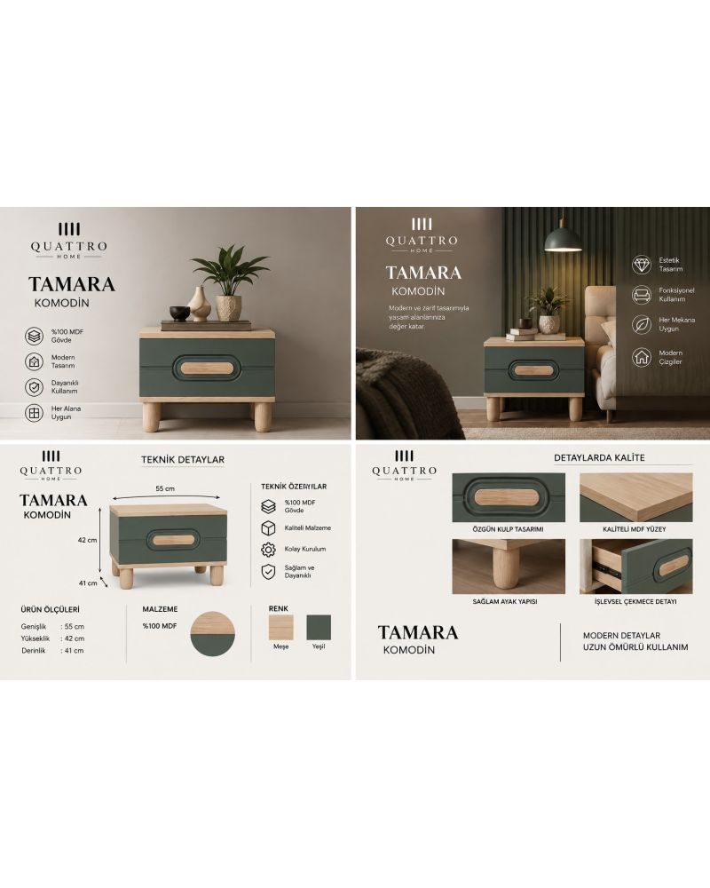 TAMARA KOMODİN YEŞİL-Genişlik: 55 cm  Yükseklik: 42 cm  Derinlik: 41 cm-%100 MDF