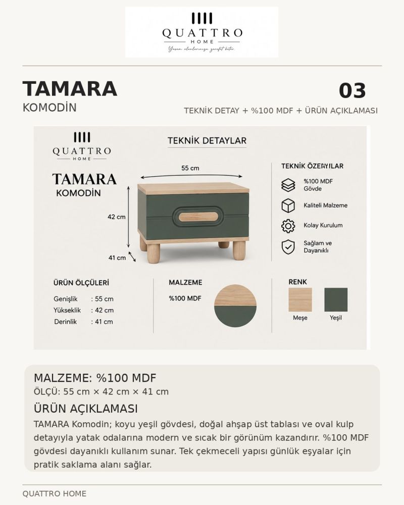 TAMARA KOMODİN YEŞİL-Genişlik: 55 cm  Yükseklik: 42 cm  Derinlik: 41 cm-%100 MDF