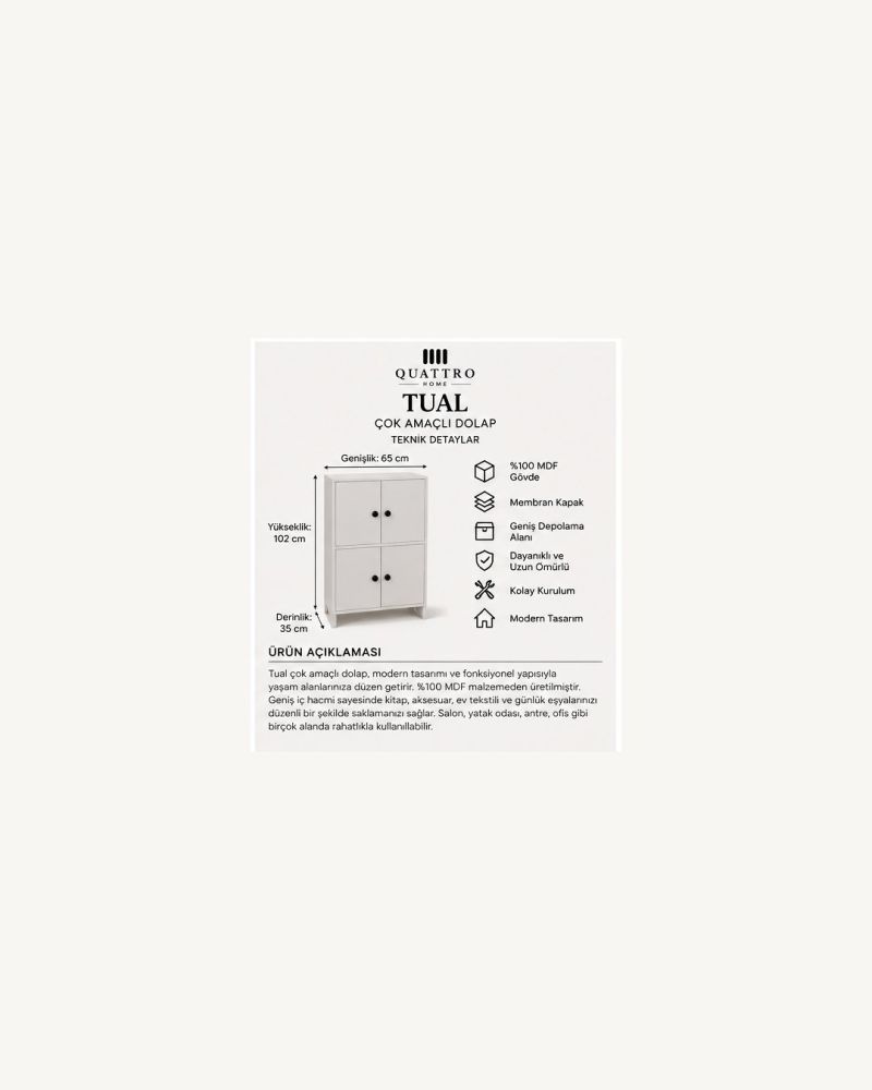 TUAL KAPAKLI DOLAP BEYAZ-Genişlik: 65 cm Yükseklik: 102 cm Derinlik: 35 cm --: %100 MDF