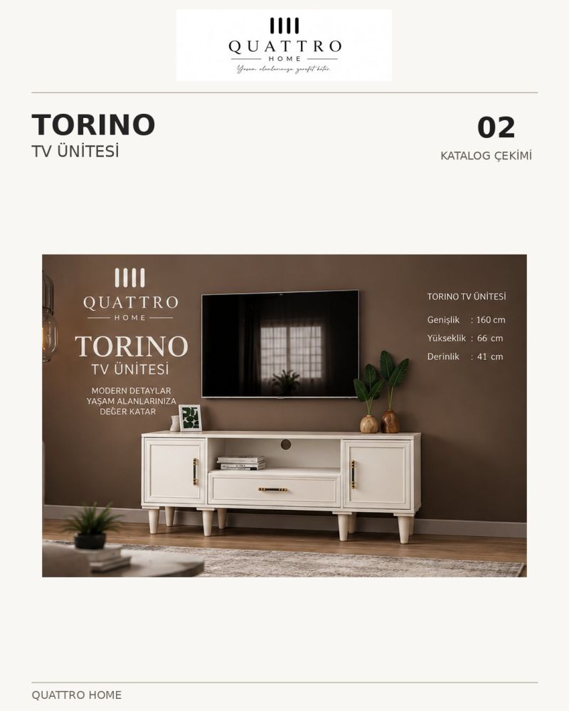 TORINO TV ÜNİTESİ -Genişlik: 160 cm Yükseklik: 66 cm Derinlik: 41 cm Malzeme: %100 MDF