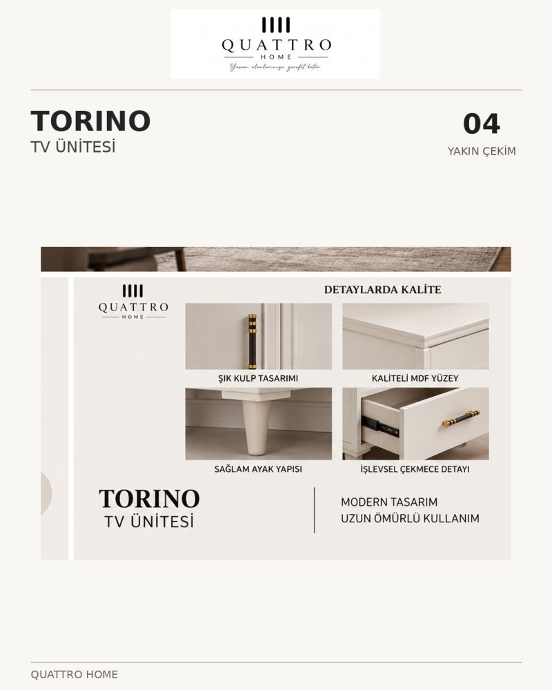 TORINO TV ÜNİTESİ -Genişlik: 160 cm Yükseklik: 66 cm Derinlik: 41 cm Malzeme: %100 MDF