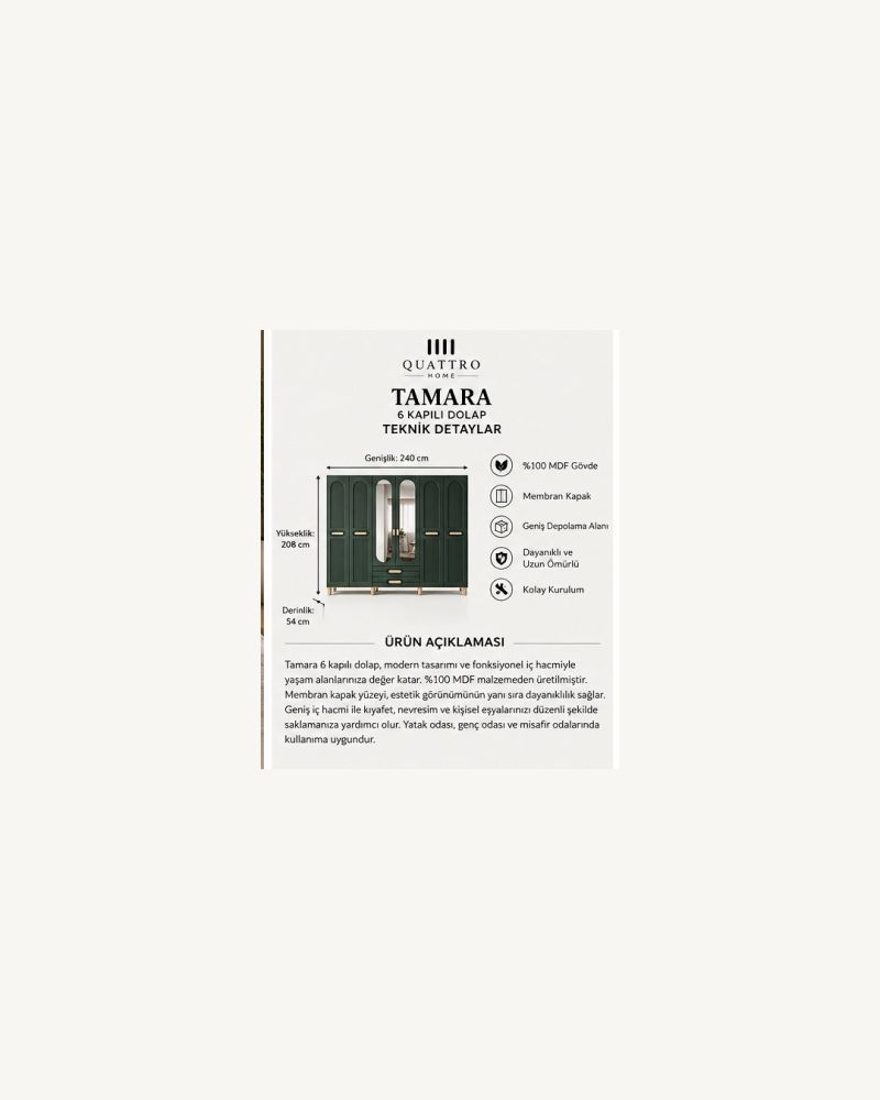 TAMARA 6 KAPAKLI DOLAP-Genişlik: 240 cm  Yükseklik: 208 cm  Derinlik: 54 cm-%100 MDF