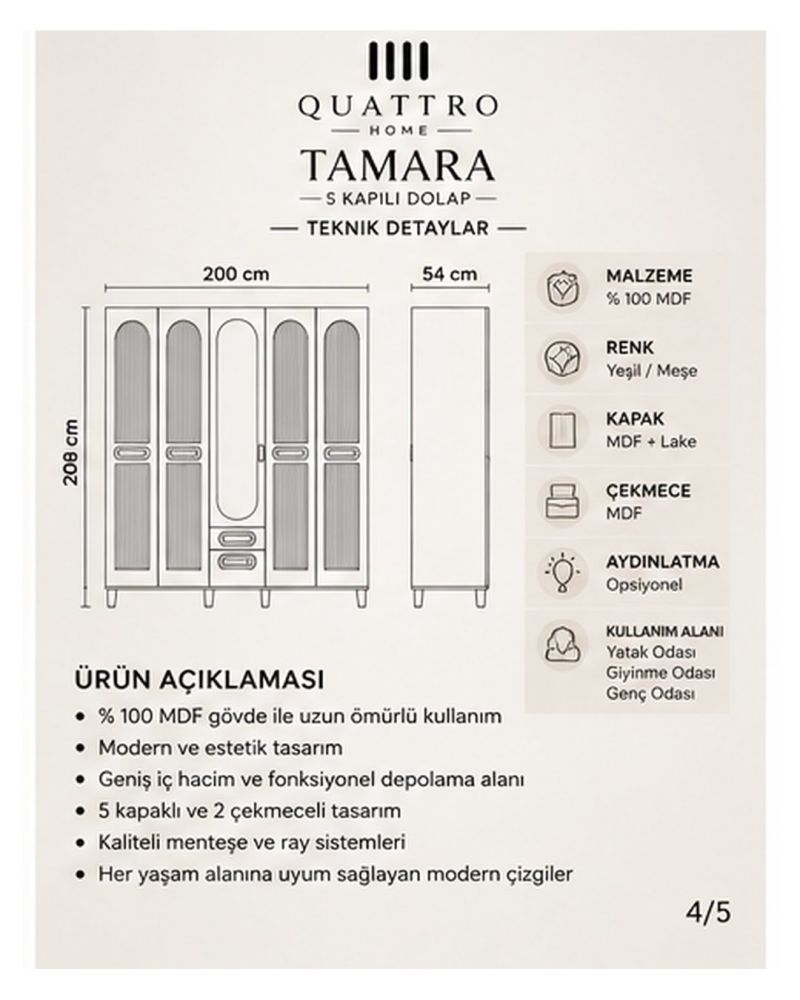 TAMARA 5 KAPAKLI DOLAP-Genişlik: 200 cm  Yükseklik: 208 cm  Derinlik: 54 cm-%100 MDF