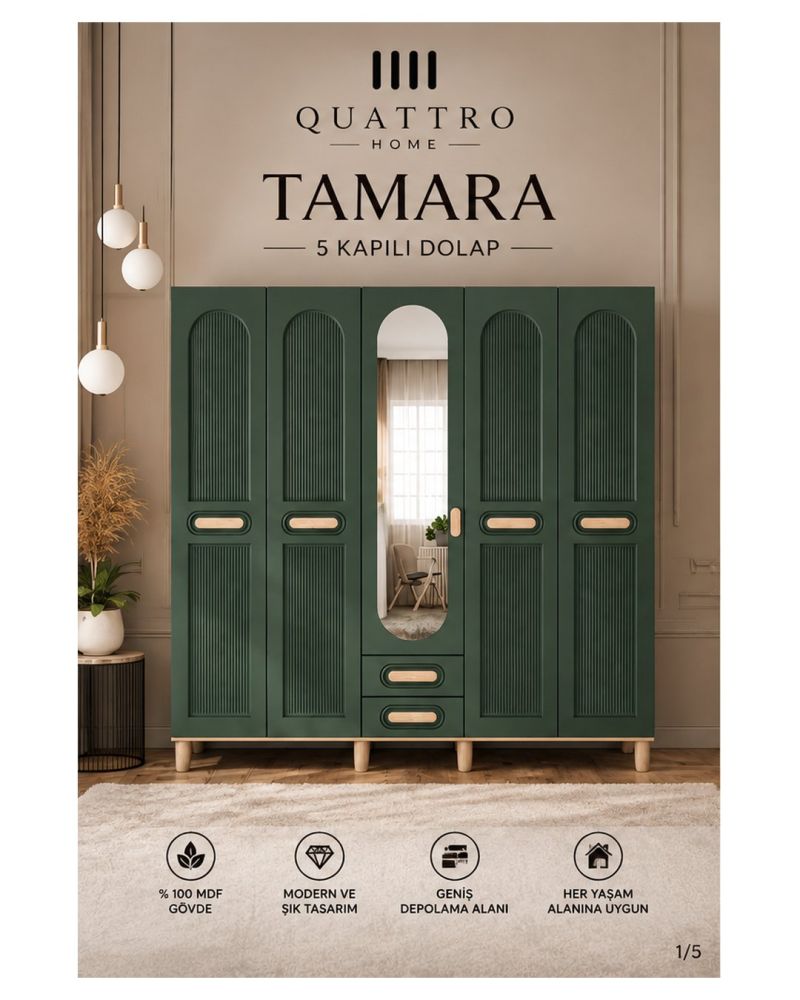 TAMARA 5 KAPAKLI DOLAP-Genişlik: 200 cm  Yükseklik: 208 cm  Derinlik: 54 cm-%100 MDF