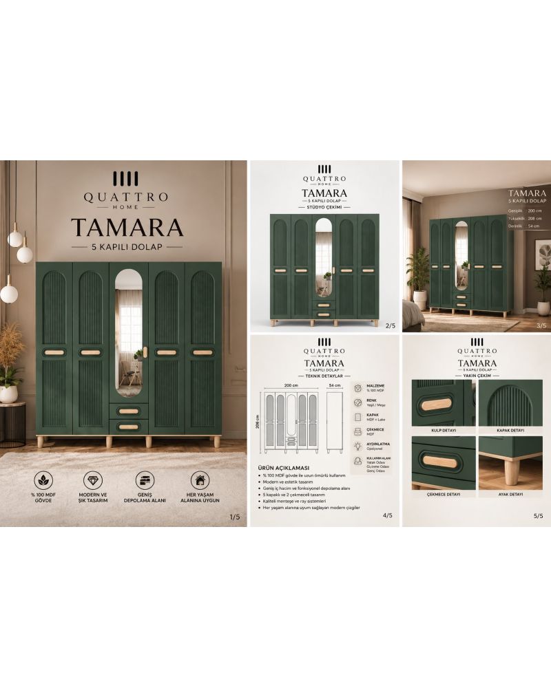 TAMARA 5 KAPAKLI DOLAP-Genişlik: 200 cm  Yükseklik: 208 cm  Derinlik: 54 cm-%100 MDF