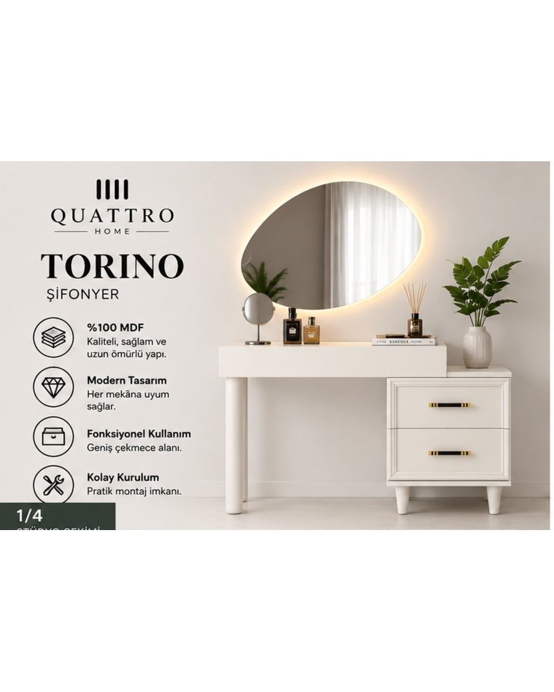 TORINO MAKYAJ MASASI -Genişlik: 120 cm Yükseklik: 80 cm Derinlik: 41 cm Malzeme: %100 MDF