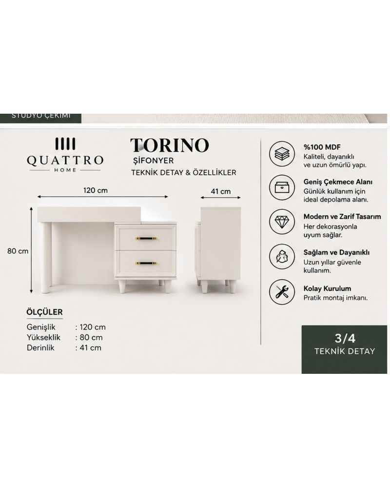 TORINO MAKYAJ MASASI -Genişlik: 120 cm Yükseklik: 80 cm Derinlik: 41 cm Malzeme: %100 MDF