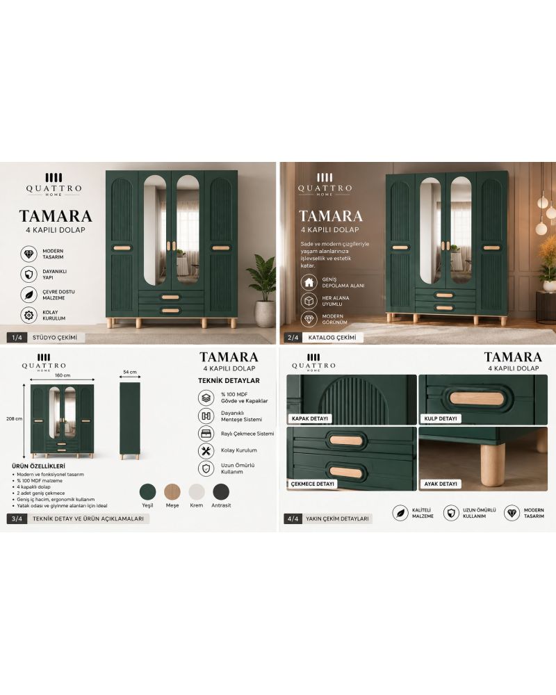 TAMARA 4 KAPAKLI DOLAP-Genişlik: 160 cm  Yükseklik: 208 cm  Derinlik: 54 cm-%100 MDF