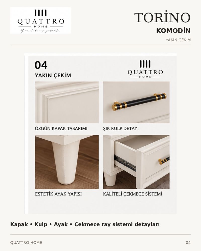 TORINO KOMODİN ÇEKMECELİ -Genişlik: 55 cm Yükseklik: 42 cm Derinlik: 41 cm Malzeme: %100 MDF