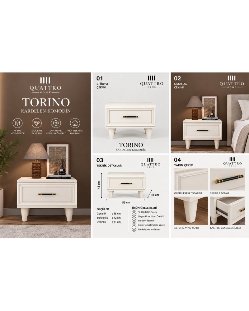 TORINO KOMODİN ÇEKMECELİ -Genişlik: 55 cm Yükseklik: 42 cm Derinlik: 41 cm Malzeme: %100 MDF