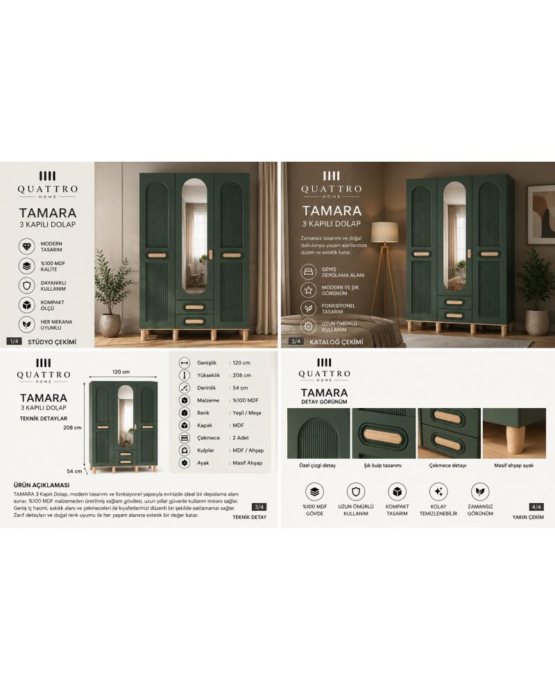 TAMARA 3 KAPAKLI DOLAP -Genişlik: 120 cm  Yükseklik: 208 cm  Derinlik: 54 cm-%100 MDF