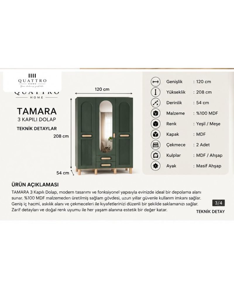 TAMARA 3 KAPAKLI DOLAP -Genişlik: 120 cm  Yükseklik: 208 cm  Derinlik: 54 cm-%100 MDF