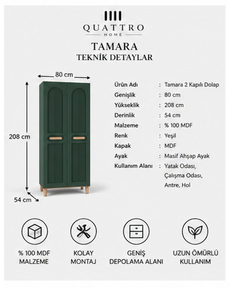 TAMARA 2 KAPAKLI DOLAP-Genişlik: 80 cm  Yükseklik: 208 cm  Derinlik: 54 cm-%100 MDF