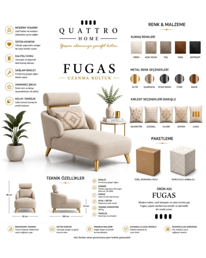 Fugas Uzanma Koltuğu – Premium Kumaşlı, Metal Ayaklı Modern Şezlong