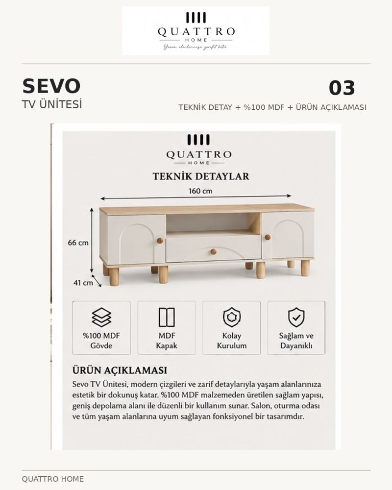 SEVO TV ÜNİTESİ-Genişlik: 160 cm  Yükseklik: 66 cm  Derinlik: 41 cm-%100 MDF