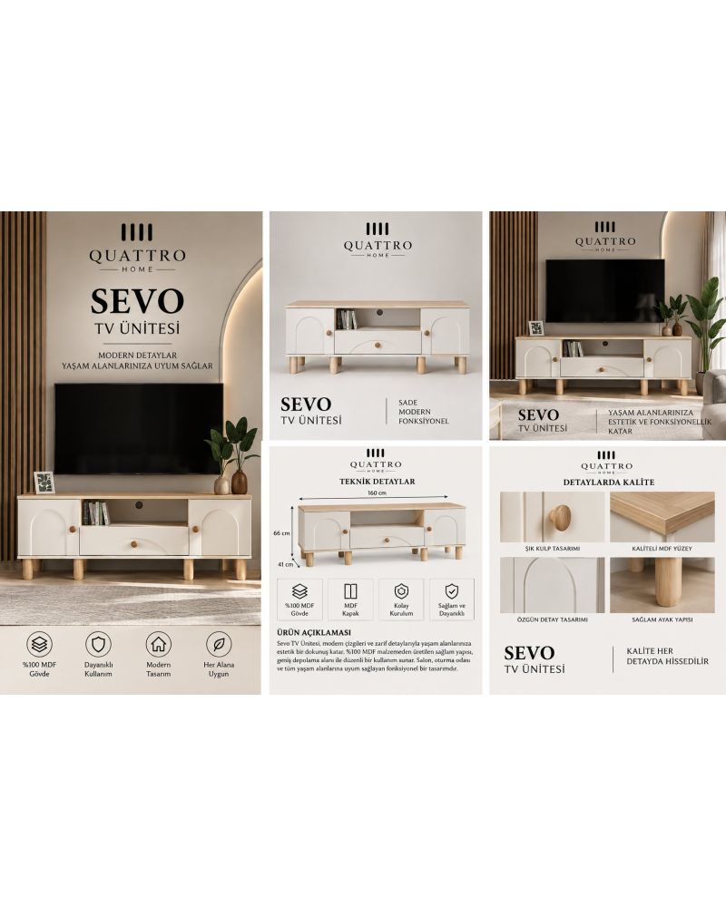 SEVO TV ÜNİTESİ-Genişlik: 160 cm  Yükseklik: 66 cm  Derinlik: 41 cm-%100 MDF