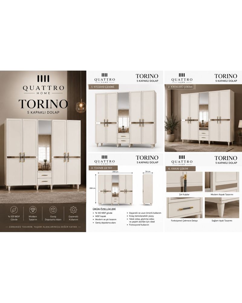 TORINO 5 KAPAKLI DOLAP -Genişlik: 200 cm  Yükseklik: 208 cm  Derinlik: 54 cm-%100 MDF
