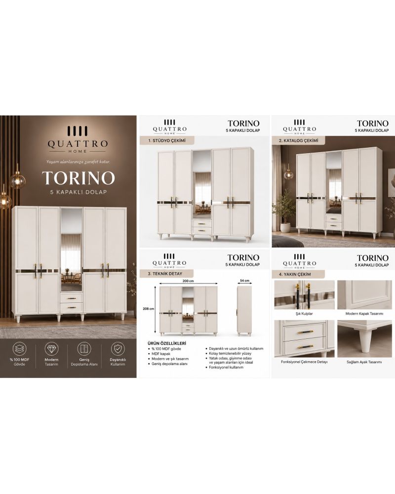 TORINO 5 KAPAKLI DOLAP -Genişlik: 200 cm  Yükseklik: 208 cm  Derinlik: 54 cm-%100 MDF