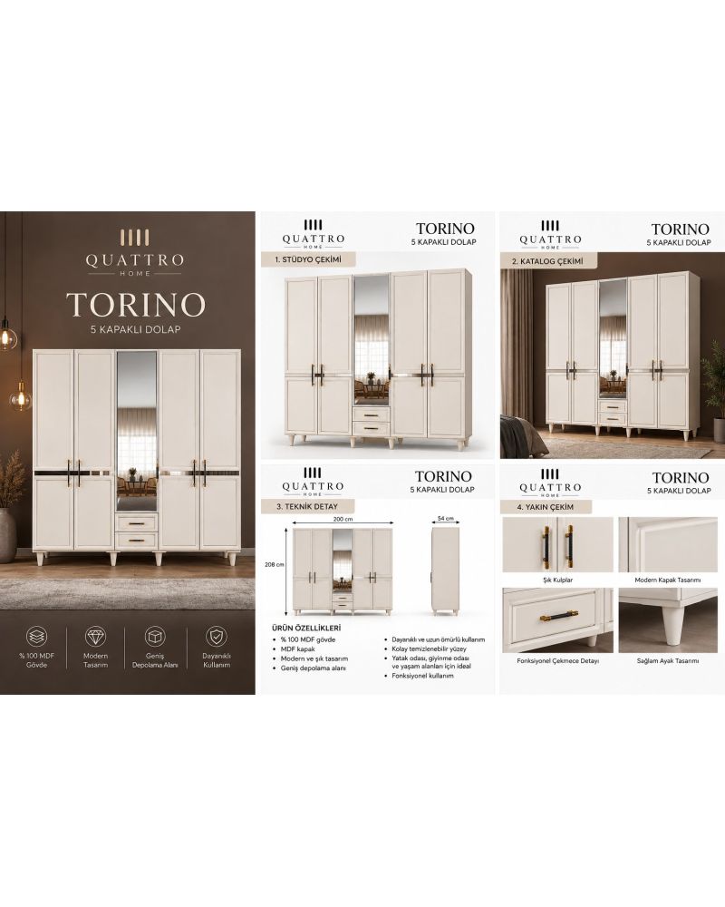 TORINO 5 KAPAKLI DOLAP -Genişlik: 200 cm  Yükseklik: 208 cm  Derinlik: 54 cm-%100 MDF