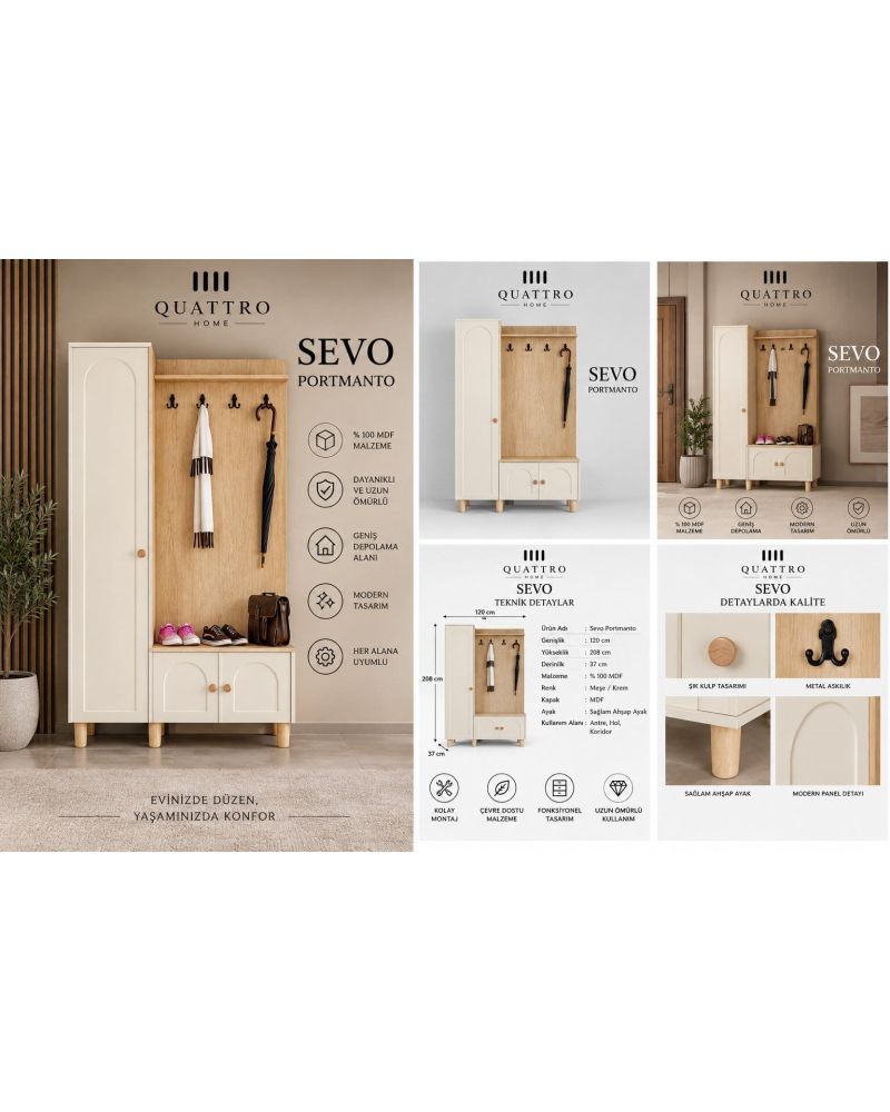 SEVO GENİŞ VESTİYER -Genişlik: 120 cm  Yükseklik: 208 cm  Derinlik: 37 cm-%100 MDF