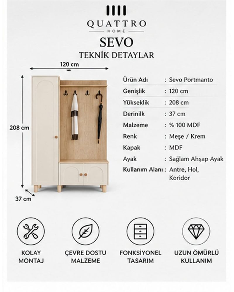 SEVO GENİŞ VESTİYER -Genişlik: 120 cm  Yükseklik: 208 cm  Derinlik: 37 cm-%100 MDF