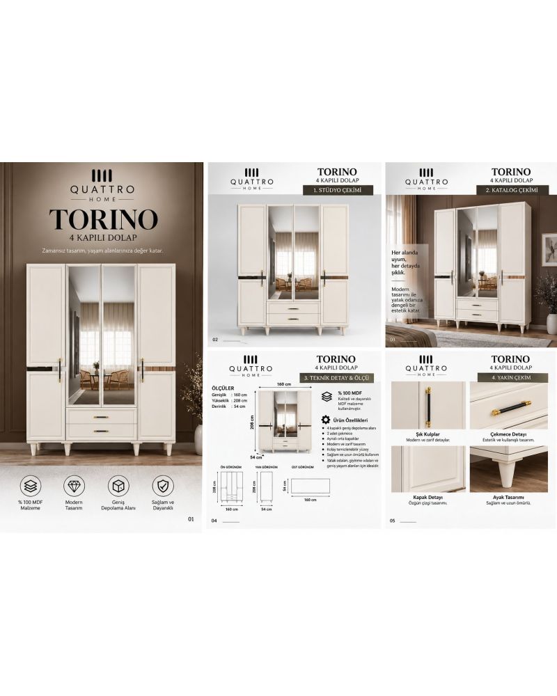 TORINO 4 KAPAKLI DOLAP-Genişlik: 160 cm  Yükseklik: 208 cm  Derinlik: 54 cm-%100 MDF
