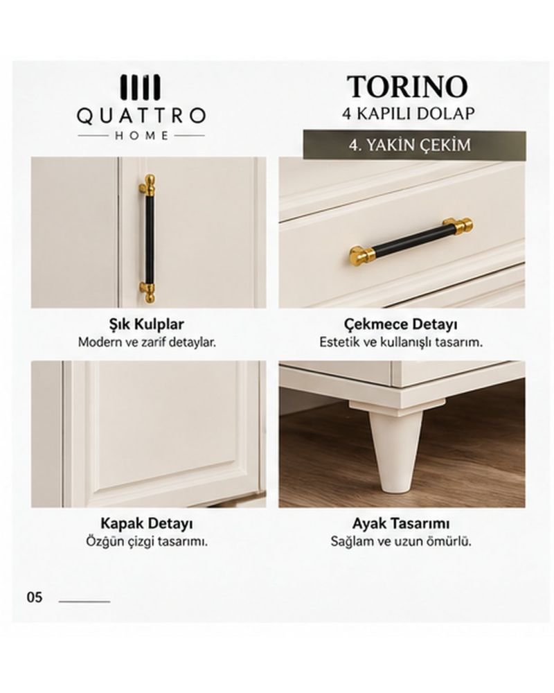 TORINO 4 KAPAKLI DOLAP-Genişlik: 160 cm  Yükseklik: 208 cm  Derinlik: 54 cm-%100 MDF