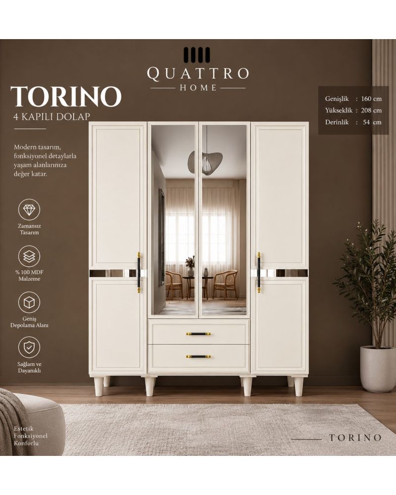 TORINO 4 KAPAKLI DOLAP-Genişlik: 160 cm  Yükseklik: 208 cm  Derinlik: 54 cm-%100 MDF